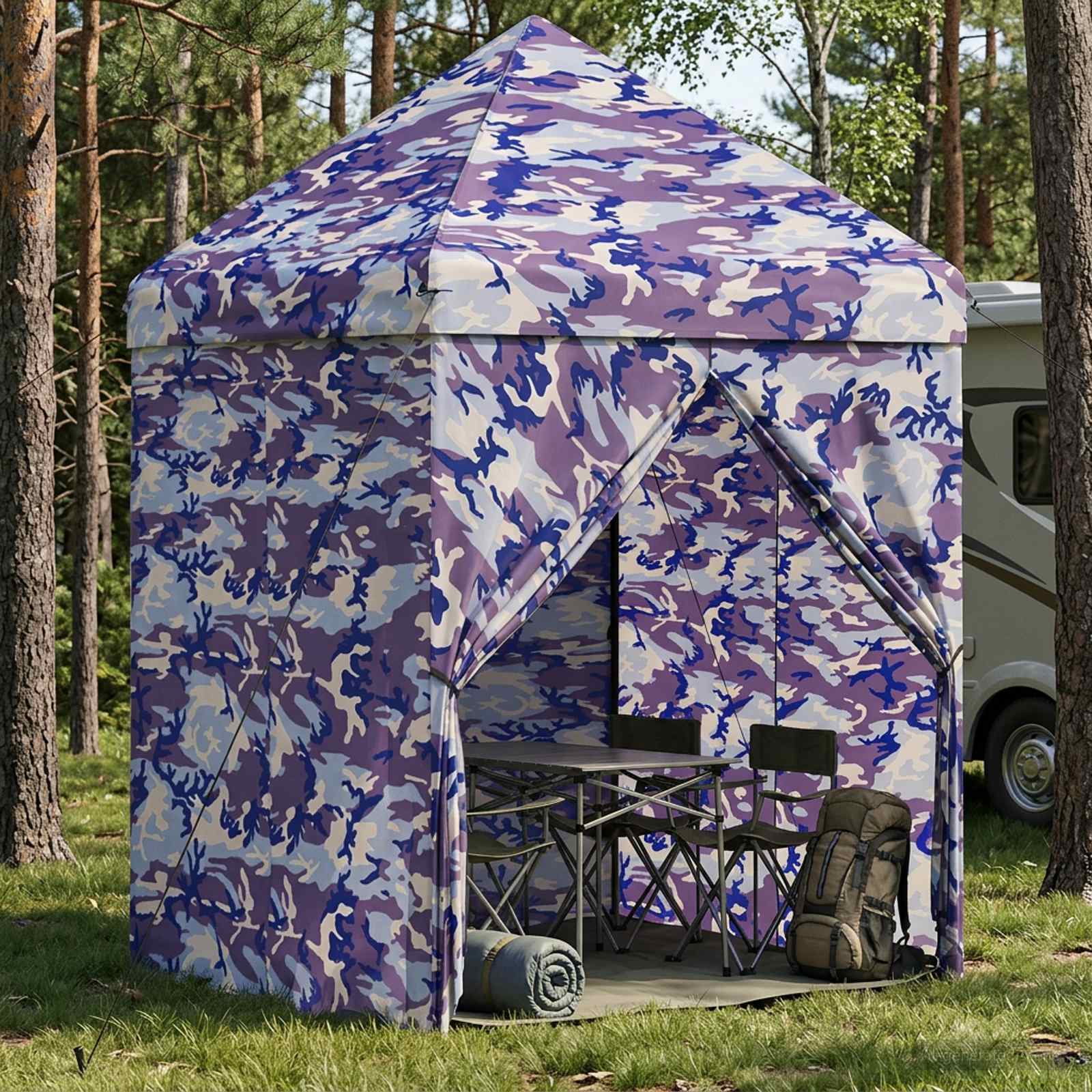 Pop-up Pavillon mit 4 Seitenwänden 2 x 2 m Blaue Camouflage