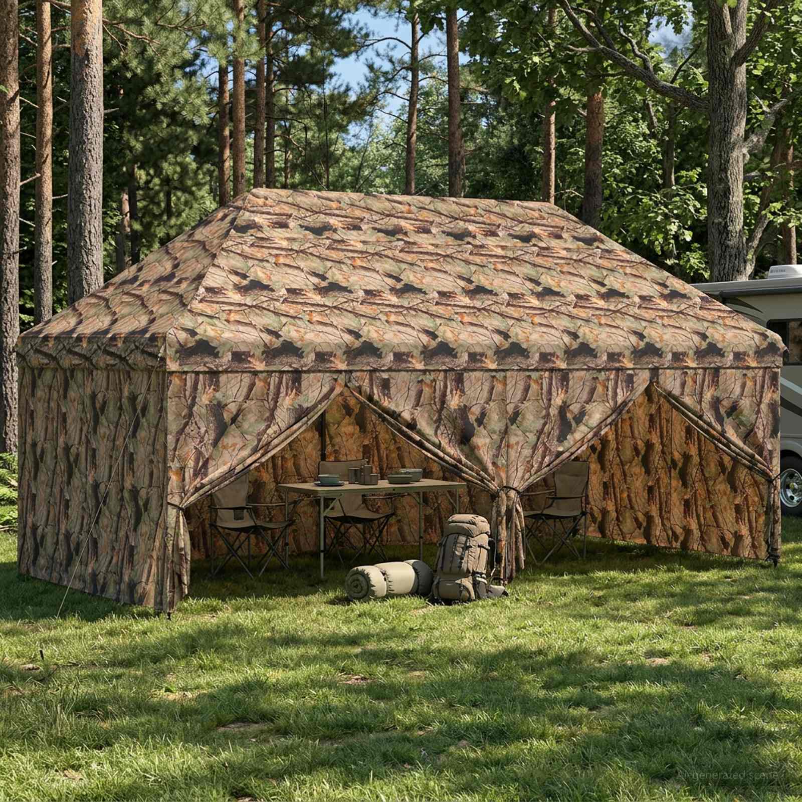 Pop-up Pavillon mit 4 Seitenwänden 3 x 6 m Wald-Tarnfarbe