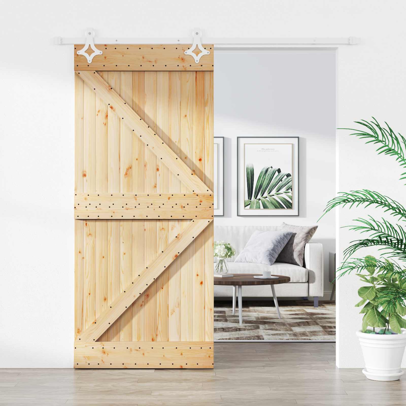 Schiebetür 90 x 210 cm Massives Kiefernholz Natürlich und Weiß